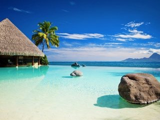 Обои небо, пальмы, океан, бунгало, тропики, the sky, palm trees, the ocean, bungalow, tropics разрешение 2560x1600 Загрузить