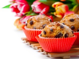 Обои цветы, тюльпаны, сладкое, выпечка, кексы, flowers, tulips, sweet, cakes, cupcakes разрешение 2744x2261 Загрузить