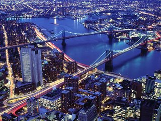 Обои ночь, огни, пейзаж, город, сша, нью-йорк, мосты, бруклин, night, lights, landscape, the city, usa, new york, bridges, brooklyn разрешение 1920x1080 Загрузить