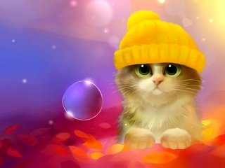 Обои осень, котенок, картинка, шапочка, 3д, autumn, kitty, picture, cap, 3d разрешение 1920x1200 Загрузить