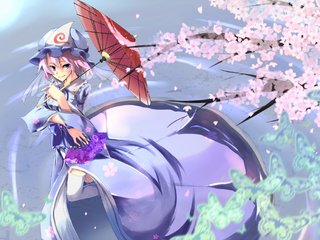 Обои девушка, сакура, saigyouji yuyuko, zont, дощечка, тохо, girl, sakura, plate, touhou разрешение 1920x1357 Загрузить