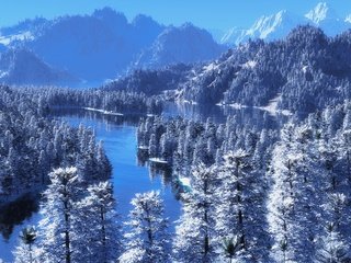 Обои деревья, река, горы, снег, природа, зима, trees, river, mountains, snow, nature, winter разрешение 2250x1266 Загрузить