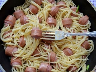 Обои вилка, спагетти, сосиски, макаронные блюда, plug, spaghetti, sausage, pasta dishes разрешение 2048x1498 Загрузить