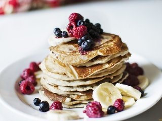 Обои еда, фрукты, ягоды, завтрак, блинчики, food, fruit, berries, breakfast, pancakes разрешение 2048x1371 Загрузить