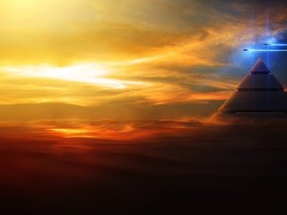 Обои арт, облака, закат, полет, корабли, пирамида, в небе, art, clouds, sunset, flight, ships, pyramid, in the sky разрешение 1920x1200 Загрузить