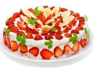 Обои крем для торта, клубника, торт, банан, глазурь, кусочки банана, cream cake, strawberry, cake, banana, glaze, banana slices разрешение 2560x1600 Загрузить