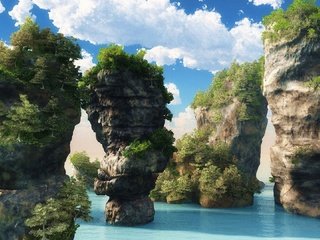 Обои деревья, скалы, зелень, растения, море, острова, глыбы, trees, rocks, greens, plants, sea, islands, blocks разрешение 1920x1080 Загрузить