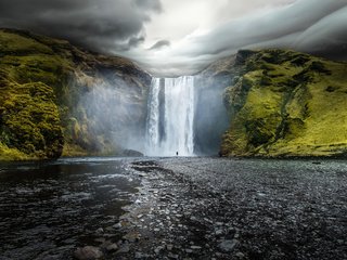 Обои скалы, водопад, исландия, скогафосс, скоугафосс, rocks, waterfall, iceland, skogarfoss, skogafoss разрешение 1920x1200 Загрузить