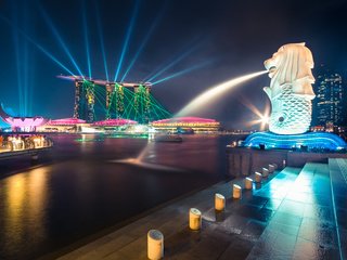 Обои ночь, блики, сингапур, marina bay sands, мерлион, марина бей, night, glare, singapore, merlion, marina bay разрешение 1920x1200 Загрузить