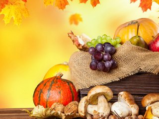 Обои листья, тыквы, виноград, фрукты, яблоки, осень, грибы, урожай, овощи, leaves, pumpkin, grapes, fruit, apples, autumn, mushrooms, harvest, vegetables разрешение 2560x1600 Загрузить