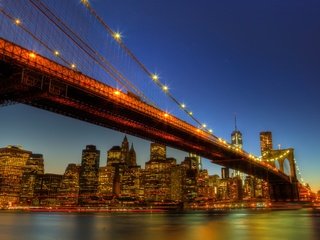 Обои ночь, огни, город, сша, нью-йорк, new york city, бруклинский мост, бруклин, бруклин бридж, night, lights, the city, usa, new york, brooklyn bridge, brooklyn разрешение 2560x1600 Загрузить