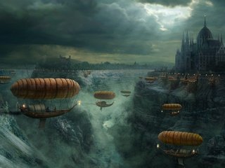 Обои замок, ущелье, дерижабль, castle, gorge, dirigible разрешение 1920x1080 Загрузить