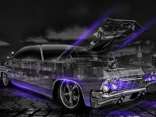 Обои неон, города, ретро, кристал, шевроле, biscayne, фиалка, 1965 г.р., neon, city, retro, crystal, chevrolet, violet, 1965 разрешение 1920x1080 Загрузить