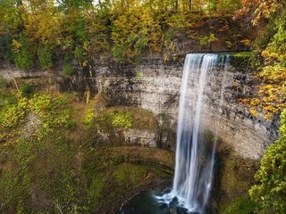 Обои деревья, скалы, природа, водопад, осень, trees, rocks, nature, waterfall, autumn разрешение 1920x1200 Загрузить