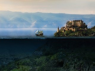 Обои горы, солнце, замок, корабль, океан, остров, mountains, the sun, castle, ship, the ocean, island разрешение 1920x1080 Загрузить