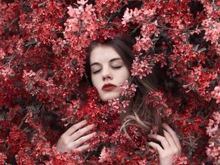 Обои цветы, природа, девушка, модель, весна, лицо, закрытые глаза, flowers, nature, girl, model, spring, face, closed eyes разрешение 2560x1600 Загрузить