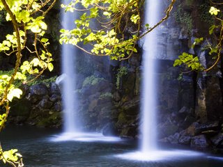 Обои свет, вода, скалы, камни, ветки, водопад, light, water, rocks, stones, branches, waterfall разрешение 3672x2537 Загрузить