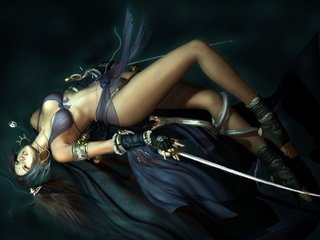 Обои девушка, поза, змея, грудь, лицо, мечи, шелк, girl, pose, snake, chest, face, swords, silk разрешение 1920x1280 Загрузить