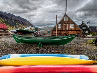 Обои пейзаж, лодки, дома, bernard mcmanus, рыбацкий поселок, landscape, boats, home, fishing village разрешение 1920x1080 Загрузить