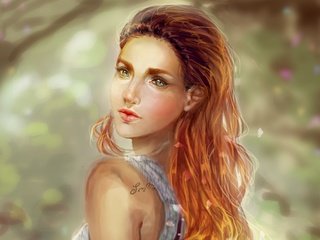 Обои арт, девушка, взгляд, плечи, волосы, майка, art, girl, look, shoulders, hair, mike разрешение 3272x2266 Загрузить