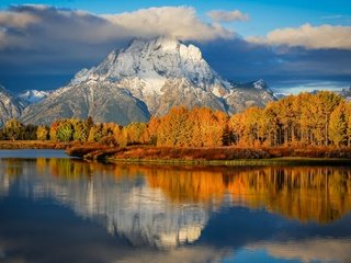 Обои утро, осень, сша, вайоминг, штат, национальный парк гранд-титон, oxbow bend, morning, autumn, usa, wyoming, state, national park grand teton разрешение 2048x1270 Загрузить