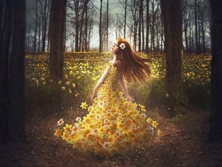 Обои цветы, лес, девушка, платье, нарциссы, рыжеволосая, shelby robinson, flowers, forest, girl, dress, daffodils, redhead разрешение 2048x1426 Загрузить