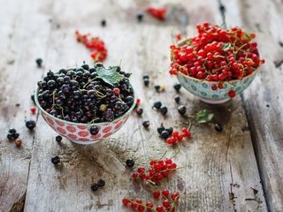 Обои красная, ягоды, лесные ягоды, черная, смородина, смородины, деревянная поверхность, red, berries, black, currants, currant, wooden surface разрешение 1920x1440 Загрузить