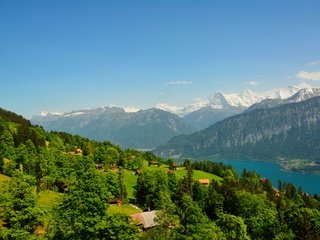 Обои деревья, река, горы, домики, швейцария, beatenberg, trees, river, mountains, houses, switzerland разрешение 3000x2000 Загрузить