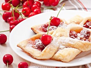 Обои черешня, ягоды, вишня, выпечка, начинка, сдоба, слойки, cherry, berries, cakes, filling, muffin, puff разрешение 3500x2581 Загрузить