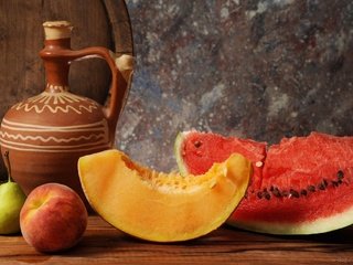 Обои фрукты, арбуз, яблоко, кувшин, персик, натюрморт, груша, дыня, fruit, watermelon, apple, pitcher, peach, still life, pear, melon разрешение 1920x1370 Загрузить