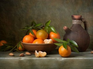 Обои фрукты, кувшин, мандарины, натюрморт, цитрусы, миндаль, fruit, pitcher, tangerines, still life, citrus, almonds разрешение 1920x1264 Загрузить