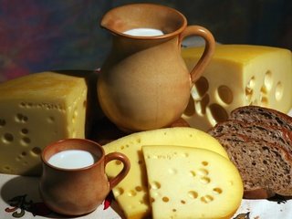 Обои сыр, кружка, хлеб, молоко, кувшин, нарезка, cheese, mug, bread, milk, pitcher, cutting разрешение 1920x1200 Загрузить