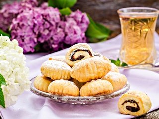 Обои цветы, сладости, печенье, выпечка, пирожные, сок, гортензия, flowers, sweets, cookies, cakes, juice, hydrangea разрешение 1920x1231 Загрузить