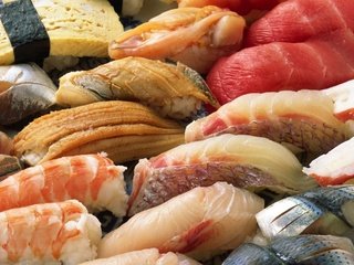 Обои рыба, суши, морепродукты, креветки, японская кухня, fish, sushi, seafood, shrimp, japanese cuisine разрешение 1920x1200 Загрузить