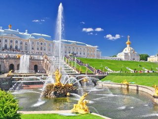 Обои фонтан, россия, дворец, санкт-петербург, петергоф, петродворец, fountain, russia, palace, saint petersburg, peterhof, petrodvorets разрешение 3500x2186 Загрузить