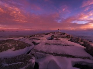 Обои скалы, закат, зима, туман, маяк, побережье, лёд, rocks, sunset, winter, fog, lighthouse, coast, ice разрешение 1920x1200 Загрузить
