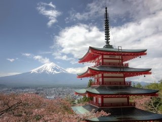 Обои панорама, chureito pagoda, фудзиёсида, гора, гора фудзи, пагода, япония, сакура, вулкан, фудзи, японии, фудзияма, panorama, fujiyoshida, mountain, mount fuji, pagoda, japan, sakura, the volcano, fuji разрешение 2048x1365 Загрузить