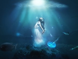 Обои свет, вода, девушка, рыбы, креатив, медузы, desktopography, light, water, girl, fish, creative, jellyfish разрешение 2560x1440 Загрузить