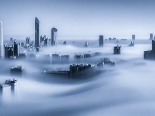 Обои утро, туман, город, небоскребы, дубай, оаэ, dubai marina, morning, fog, the city, skyscrapers, dubai, uae разрешение 2048x1201 Загрузить