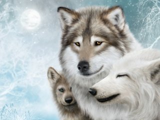 Обои арт, луна, семья, хищники, волки, волк, art, the moon, family, predators, wolves, wolf разрешение 2560x1440 Загрузить