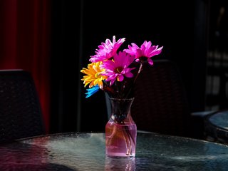 Обои цветы, фон, букет, ваза, герберы, flowers, background, bouquet, vase, gerbera разрешение 2048x1365 Загрузить