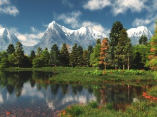 Обои озеро, горы, лес, пейзаж, 3д, lake, mountains, forest, landscape, 3d разрешение 2880x1800 Загрузить