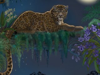 Обои арт, дерево, взгляд, леопард, хищник, животное, хвост, art, tree, look, leopard, predator, animal, tail разрешение 2560x1600 Загрузить