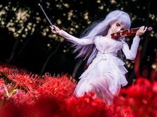 Обои цветы, девушка, скрипка, кукла, волосы, flowers, girl, violin, doll, hair разрешение 3600x2400 Загрузить