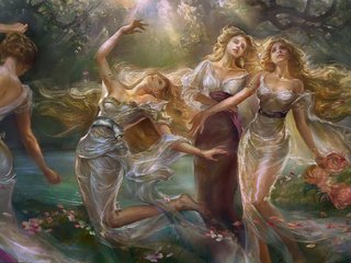 Обои цветы, арт, лепестки, фэнтези, девушки, танец, rong rong, flowers, art, petals, fantasy, girls, dance разрешение 1997x1086 Загрузить