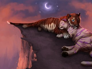 Обои тигр, небо, арт, звезды, луна, любовь, романтика, кошки, tiger, the sky, art, stars, the moon, love, romance, cats разрешение 2500x1218 Загрузить