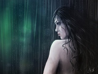 Обои арт, девушка, профиль, спина, дождь, волосы, лицо, мокрая, art, girl, profile, back, rain, hair, face, wet разрешение 6449x4320 Загрузить