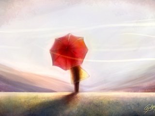 Обои небо, арт, человек, спина, ветер, живопись, красный зонт, the sky, art, people, back, the wind, painting, red umbrella разрешение 1920x1150 Загрузить