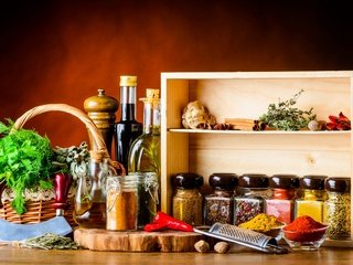 Обои масло, укроп, перец, специи, пряности, баночки, oil, dill, pepper, spices, jars разрешение 2880x1844 Загрузить