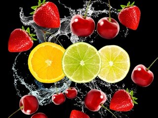 Обои вода, фрукты, клубника, черешня, черный фон, ягоды, вишня, дольки, цитрусы, citrus, water, fruit, strawberry, cherry, black background, berries, slices разрешение 2880x2880 Загрузить